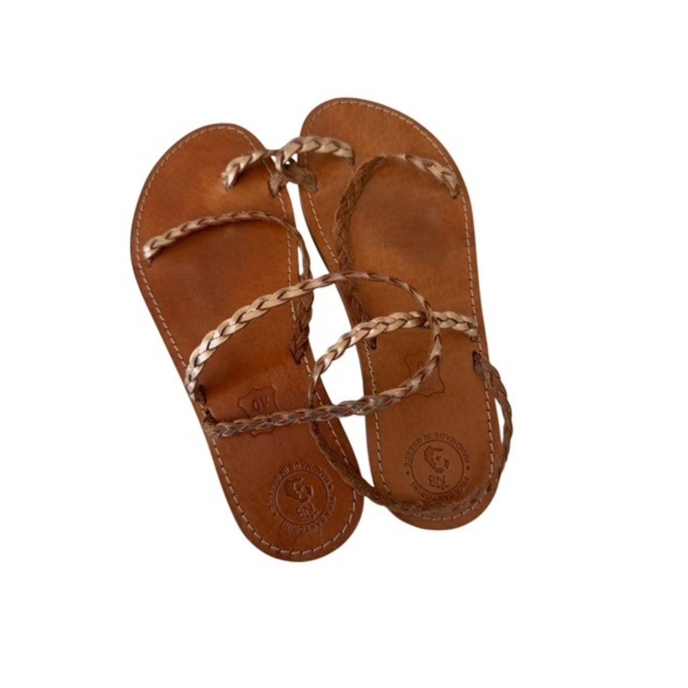 Fira Santorini Greek Leather Sandals Braided Gold Tan Boho Flat Slides Size 40
